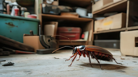 This detailed close-up image showcases a cockroach in a rustic workshop setting, highlighting the insect's texture against a cluttered background filled with tools and boxes.の素材