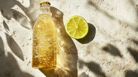 A beautifully styled sparkling beverage bottle beside a fresh lime slice creates a refreshing drink concept. The interplay of sunlight and shadow enhances the inviting nature of this enticing scene.の素材