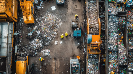 This aerial photograph showcases a vibrant waste recycling facility, featuring workers in yellow attire, heavy machinery, and piles of mixed waste materials.の素材