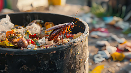 A detailed close-up image of a cockroach perched on a trash heap inside a waste container, illustrating the pervasive problem of urban pests in neglected environments.の素材