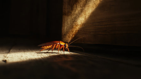 This image captures a cockroach crawling on a wooden floor, illuminated by soft light that creates dramatic shadows. The details highlight its body structure and habitat.の素材