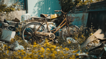 This striking photograph captures an abandoned bicycle surrounded by weeds and trash, evoking feelings of neglect and urban decay in a forgotten landscape.の素材