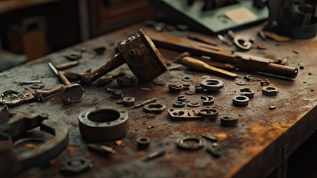 A rustic workbench is filled with a variety of metal tools and parts, showcasing the beauty of craftsmanship and engineering. Textures and details come to life under natural light.の素材