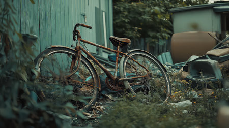 A striking image of a rusted vintage bicycle left in a tangle of weeds and old junk, highlighting themes of abandonment and nature's reclamation.の素材