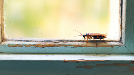 A close-up image of a brown cockroach crawling on a weathered window sill, showcasing detailed features in natural light, capturing the essence of urban pest life.の素材