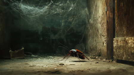 A haunting close-up of a cockroach in a dark, abandoned space filled with cobwebs and dust, symbolizing neglect and urban pest issues.の素材