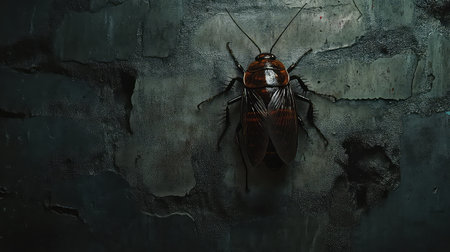 A close-up photograph captures a cockroach crawling across a textured, dark wall. The image conveys an eerie and unsettling atmosphere, highlighting the intricate details of the insect's anatomy.の素材