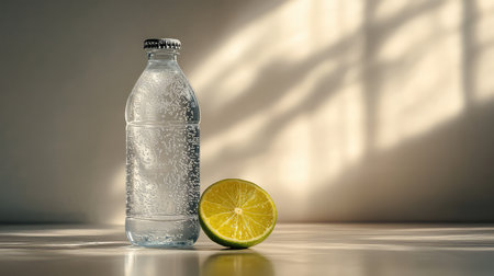 A sparkling water bottle stands next to a fresh lime slice on a clean table, illuminated by natural sunlight, creating a refreshing summer vibe.の素材