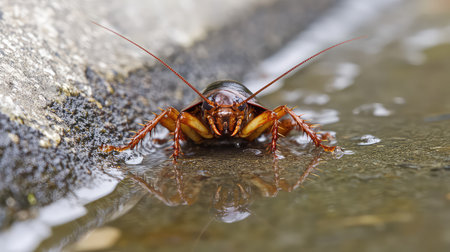 This close-up photograph showcases a cockroach crawling through shallow water, creating interesting reflections on a paved surface. The intricate details highlight its features and environment.の素材