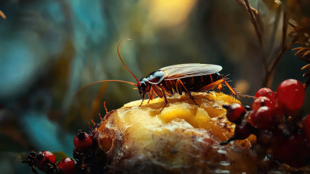 A detailed close-up photograph capturing a cockroach resting on a yellow fruit surrounded by vibrant berries, showcasing the beauty of nature's small creatures.の素材