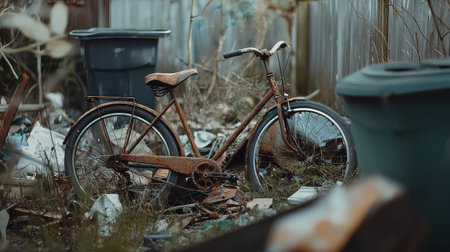 A weathered, rusty bicycle stands alone in an overgrown backyard filled with debris and trash, illustrating themes of neglect and decay in an urban environment.の素材