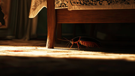 A close-up view highlights a cockroach crawling on the carpet beneath a wooden bed, showcasing details of its anatomy in soft, eerie light.の素材