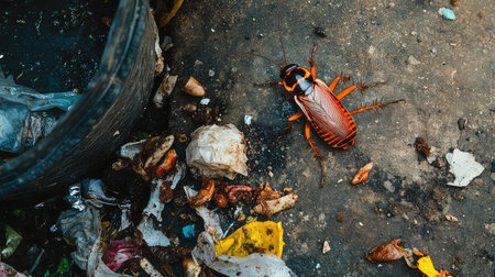 A close-up image featuring a cockroach on a littered surface surrounded by trash and waste. The photo emphasizes pest issues and urban sanitation challenges.の素材