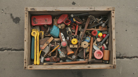 A wooden crate filled with a diverse selection of hand tools and equipment rests on a concrete surface, highlighting the essence of craftsmanship and repair work.の素材