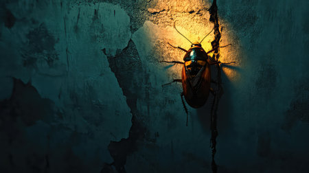 A detailed macro shot of a cockroach on a cracked wall, illuminated by a dramatic light. Captures the eerie presence of urban pests, showcasing texture and shadow.の素材