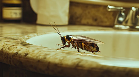 A detailed close-up of a cockroach resting on a bathroom sink, highlighting its features against a marble counter, illustrating pest concerns in domestic spaces.の素材