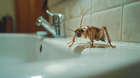 A detailed close-up of a cockroach perched on the edge of a bathroom sink, featuring a faucet and tiled background that highlight household pests.の素材