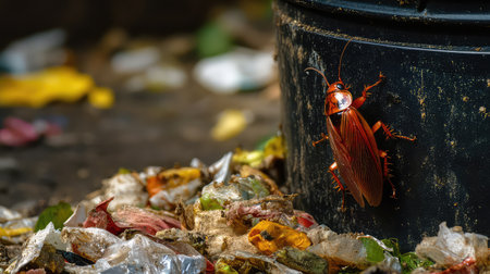 A detailed close-up image showcasing a vibrant red cockroach on a pile of trash, highlighting the contrast between nature and waste in an unexpected garden setting.の素材