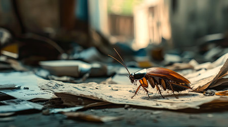 A detailed close-up shot of a cockroach navigating across messy, discarded papers in an abandoned setting, showcasing the textures of decay and disorder.の素材