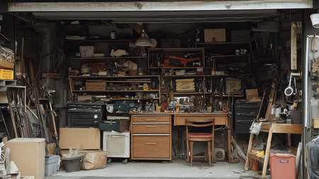 A captivating view of a garage workshop filled with tools and supplies, showcasing the organized chaos of a creative workspace perfect for DIY projects.の素材