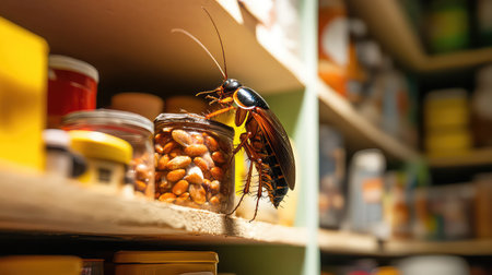 A detailed close-up image of a cockroach on a pantry shelf among food containers and jars, highlighting the pests' presence in domestic environments.の素材