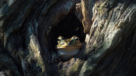 A close-up view of a frog nestled in the hollow of a weathered tree trunk, showcasing its vibrant colors and curious expression, blending seamlessly into its natural habitat.の素材