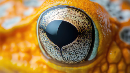 This captivating close-up image features the intricate details of a bright orange frog's eye, highlighting its unique textures and vibrant colors in a stunning macro photography style.の素材
