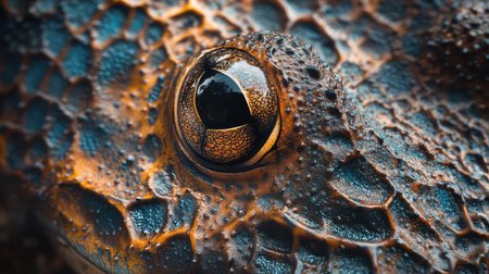 This captivating close-up image showcases the intricate details of a frog's eye, highlighting its vibrant colors and unique texture. Perfect for nature enthusiasts.の素材
