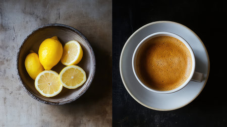 This striking image features fresh lemons positioned in a rustic bowl contrasted with a steaming cup of coffee, showcasing vibrant colors and textures.の素材