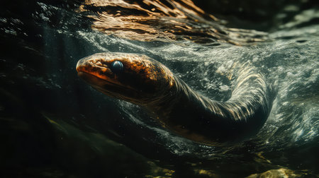 An impressive eel glides through the water, creating ripples as sunlight pierces the depths, showcasing the wonders of underwater life.の素材