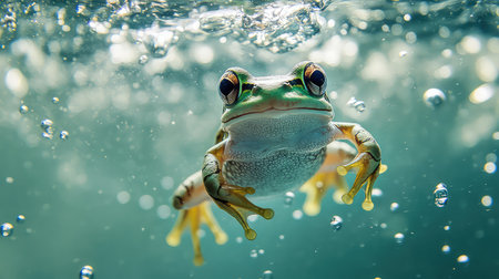 A stunning close-up image of a green frog swimming gracefully underwater, surrounded by bubbles in a serene aquatic setting, showcasing its vibrant colors and intricate details.の素材