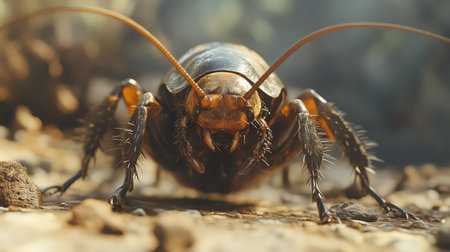 This macro shot captures a cockroach in sharp detail as it crawls on the ground. The image showcases textures, colors, and anatomy, illustrating nature's complexity.の素材