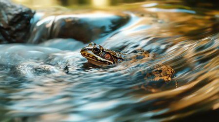A stunning close-up of a frog swimming effortlessly in a crystal-clear stream, capturing the serene beauty of nature and the aquatic environment around it.の素材
