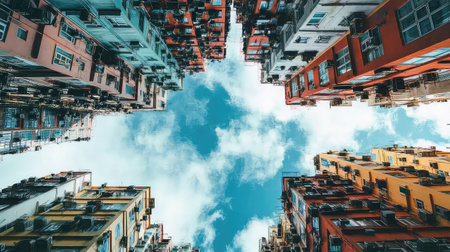 This captivating image showcases vibrant urban architecture viewed from below, emphasizing colorful buildings against a bright blue sky with clouds.の素材