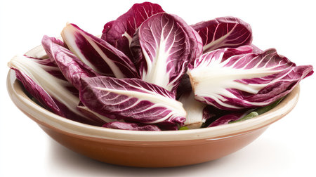 A vibrant collection of fresh radicchio leaves arranged in a rustic ceramic dish, showcasing their deep purple and creamy white colors, perfect for salads or garnishes.の素材