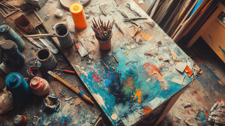 A vibrant and chaotic workspace in an art studio showcasing a wooden table filled with paint tubes, brushes, and colorful splatters, perfect for creativity.の素材