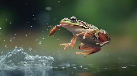 A captivating moment captured as a frog leaps into the air to catch an insect above a splashing surface. The scene highlights the dynamic action and agility of wildlife, showcasing the vibrant colors and natural beauty of the environment.の素材