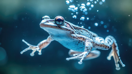 Capture the enchanting moment of a vibrant frog gracefully navigating through clear water, surrounded by bubbles, showcasing nature's beauty and amphibian life.の素材