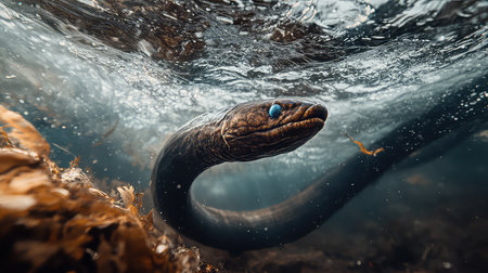 Dive into a stunning underwater scene featuring a graceful eel gliding through crystal clear waters, surrounded by seaweed and bubbles, capturing the beauty of marine life.の素材