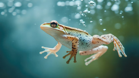 A vibrant frog gracefully swims underwater amidst rising bubbles in a peaceful blue environment. This close-up captures the essence of aquatic life.の素材