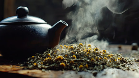 Experience the calming essence of herbal tea with this captivating image featuring steam rising from a teapot, surrounded by dried flowers and leaves.の素材