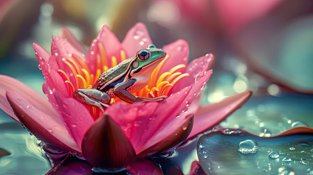 A vibrant green frog perches gracefully on a pink water lily, surrounded by shimmering droplets in a tranquil pond setting, evoking peace and beauty.の素材