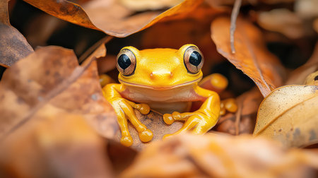 A striking yellow frog perches among autumn leaves, showcasing its vibrant colors in a peaceful forest setting, perfect for nature enthusiasts.の素材