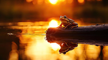 A serene moment captures a frog perched on a log above calm water during a stunning sunset, reflecting golden hues, creating a tranquil atmosphere in nature.の素材