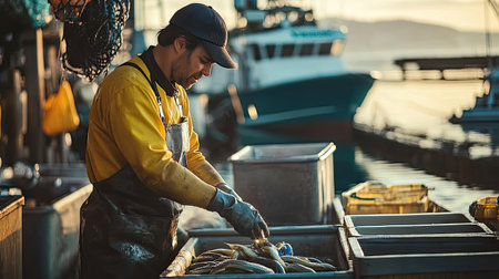 A dedicated fisherman meticulously sorts through his fresh catch at a bustling seaside dock, surrounded by fishing boats and a serene morning atmosphere.の素材