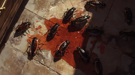 This image captures a close-up view of cockroaches scattered on a dirty floor, surrounded by unsettling red stains. The scene evokes a sense of horror and infestation, highlighting the disturbing presence of these pests in an unclean environment.の素材