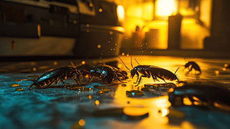 This image captures cockroaches on a kitchen floor illuminated by dramatic lighting. It highlights the pest problem in urban settings, emphasizing hygiene issues.の素材