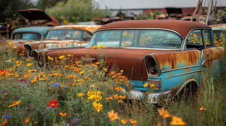 This image captures a striking contrast between rusty vintage cars and vibrant wildflowers, showcasing nature's ability to reclaim forgotten spaces and evoke nostalgia.の素材
