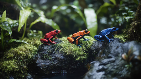 This stunning image showcases three vibrant frogs in a tropical rainforest, resting on mossy rocks with a serene water backdrop, highlighting rich biodiversity.の素材