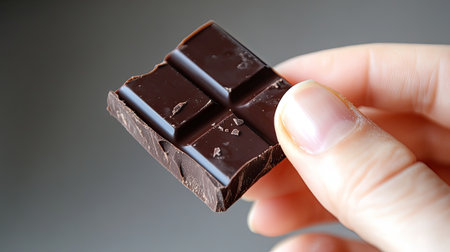 A close-up of a hand holding a square piece of dark chocolate, showcasing its rich texture and inviting appearance, perfect for food enthusiasts.の素材